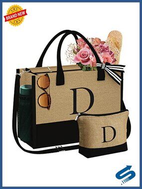 Personalized Initial Jute Tote Bag & Makeup Bag Set, Large Capacity, Adjustable